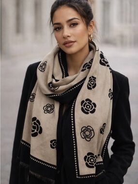 Elegant Beige and Black Floral shawl Scarf